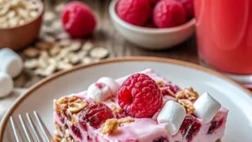 Beeren und Sahne Müsli-Riegel in einer Schale mit frischen Beeren