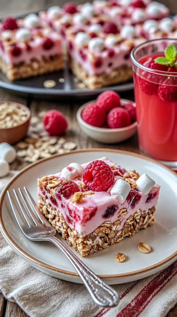 Beeren und Sahne Müsli-Riegel in einer Schale mit frischen Beeren