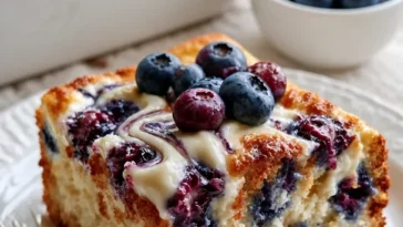 Blaubeer-Cream Cheese-Kuchen mit frischen Beeren auf einem Teller