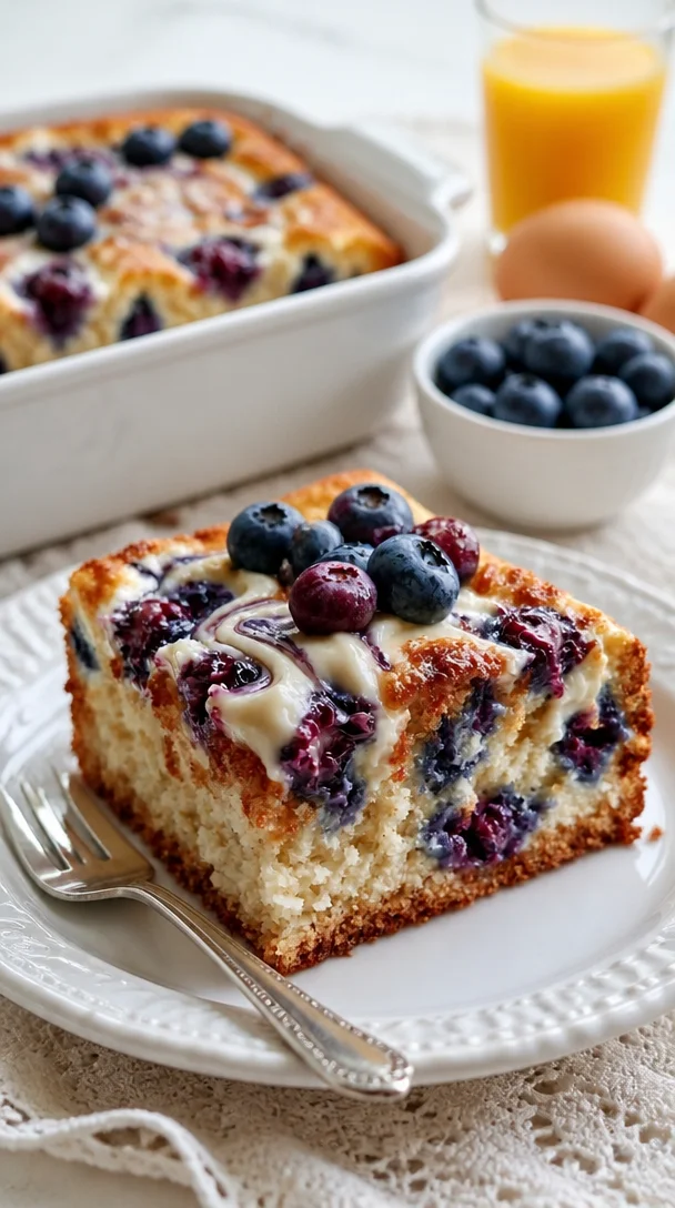 Blaubeer-Cream Cheese-Kuchen mit frischen Beeren auf einem Teller