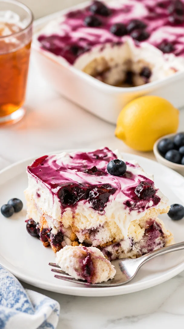 Blaubeer-Engelsfoodkuchen auf einem Teller dekoriert mit frischen Blaubeeren