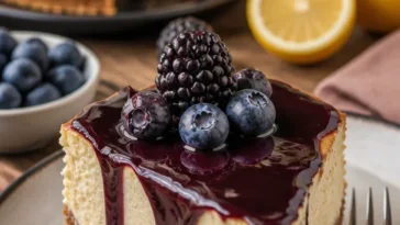 Blaubeer-Joghurt-Cheesecake mit frischen Heidelbeeren und Joghurt
