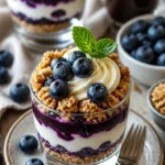 Blaubeer-Käsekuchen-Parfait in einer eleganten Dessertschale.