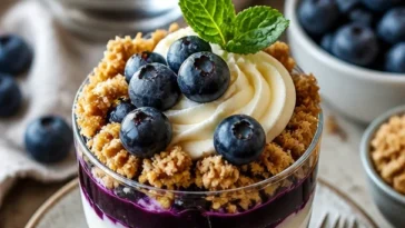 Blaubeer-Käsekuchen-Parfait in einer eleganten Dessertschale.