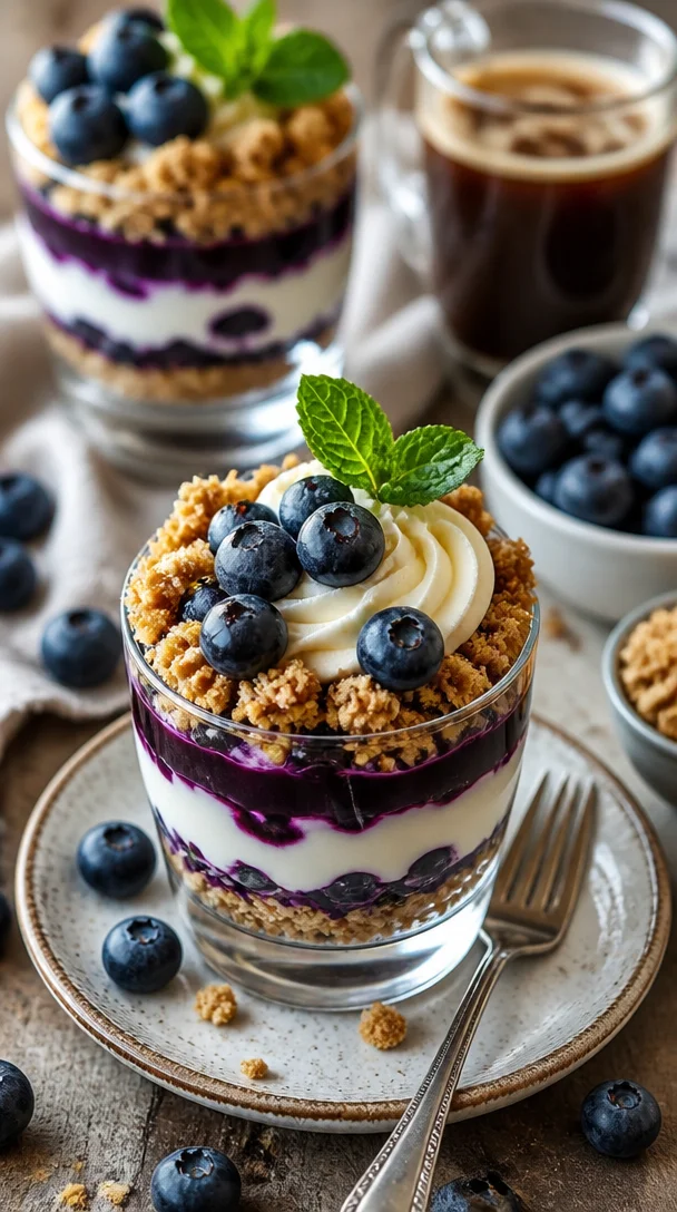 Blaubeer-Käsekuchen-Parfait in einer eleganten Dessertschale.