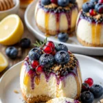Blaubeer-Zitronen-Käsekuchen-Bomben mit frischen Beeren und Zitrone
