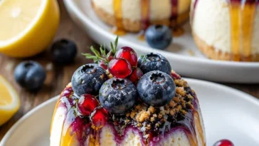 Blaubeer-Zitronen-Käsekuchen-Bomben mit frischen Beeren und Zitrone