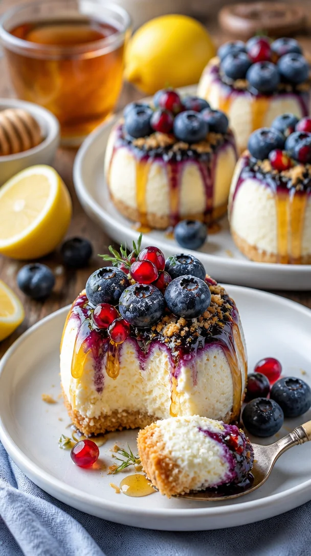 Blaubeer-Zitronen-Käsekuchen-Bomben mit frischen Beeren und Zitrone