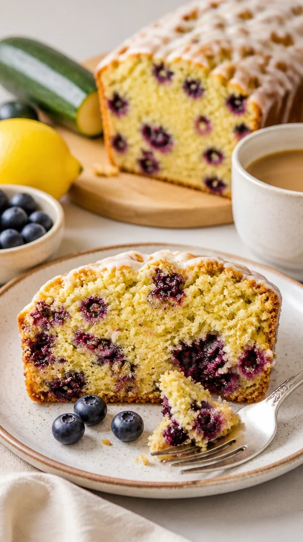 Leckeres Blaubeer-Zucchini-Brot auf einem Holzbrett serviert