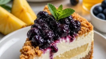 Alkoholfreier Käsekuchen mit Ananasgeschmack auf einem Tisch