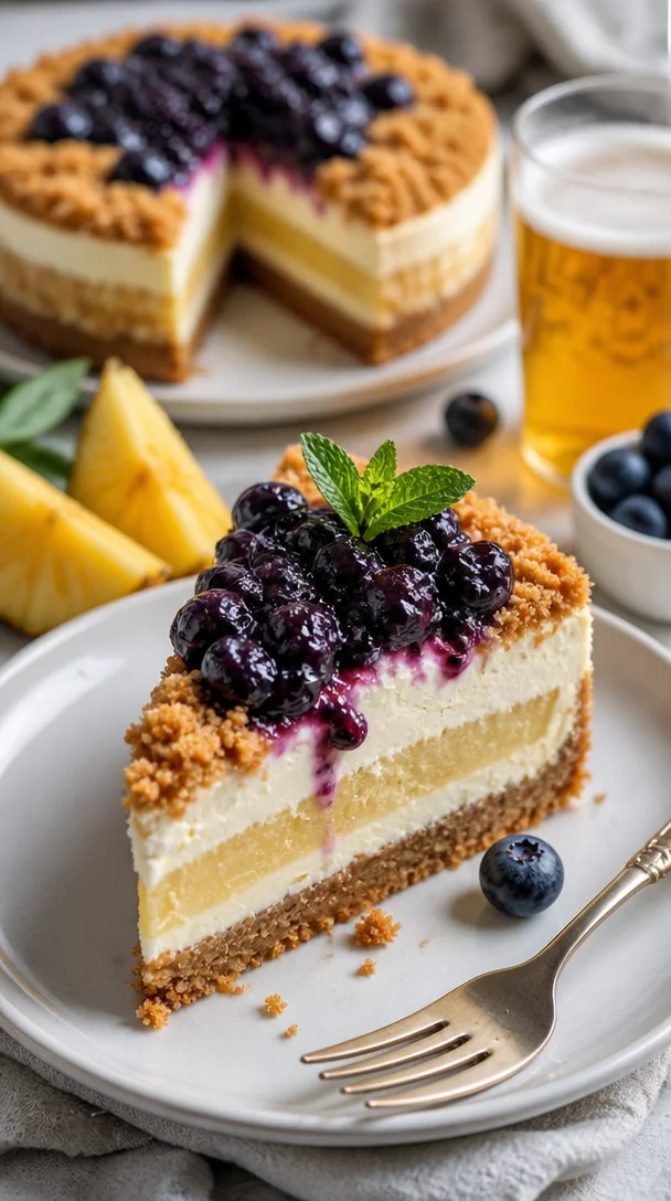 Alkoholfreier Käsekuchen mit Ananasgeschmack auf einem Tisch
