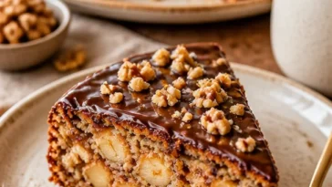 Blitzschneller Nuss-Apfelkuchen mit Schokoglasur auf einem Teller