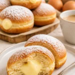 Leckere Bomboloni, gefüllte italienische Krapfen auf einem Teller.