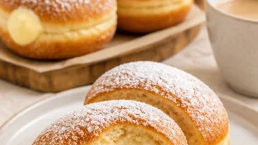Leckere Bomboloni, gefüllte italienische Krapfen auf einem Teller.