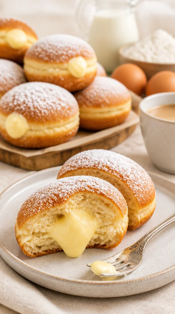 Leckere Bomboloni, gefüllte italienische Krapfen auf einem Teller.