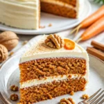 Karottenkuchen mit Frischkäsefrosting, leicht und lecker, auf einem Teller präsentiert.