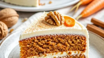 Karottenkuchen mit Frischkäsefrosting, leicht und lecker, auf einem Teller präsentiert.