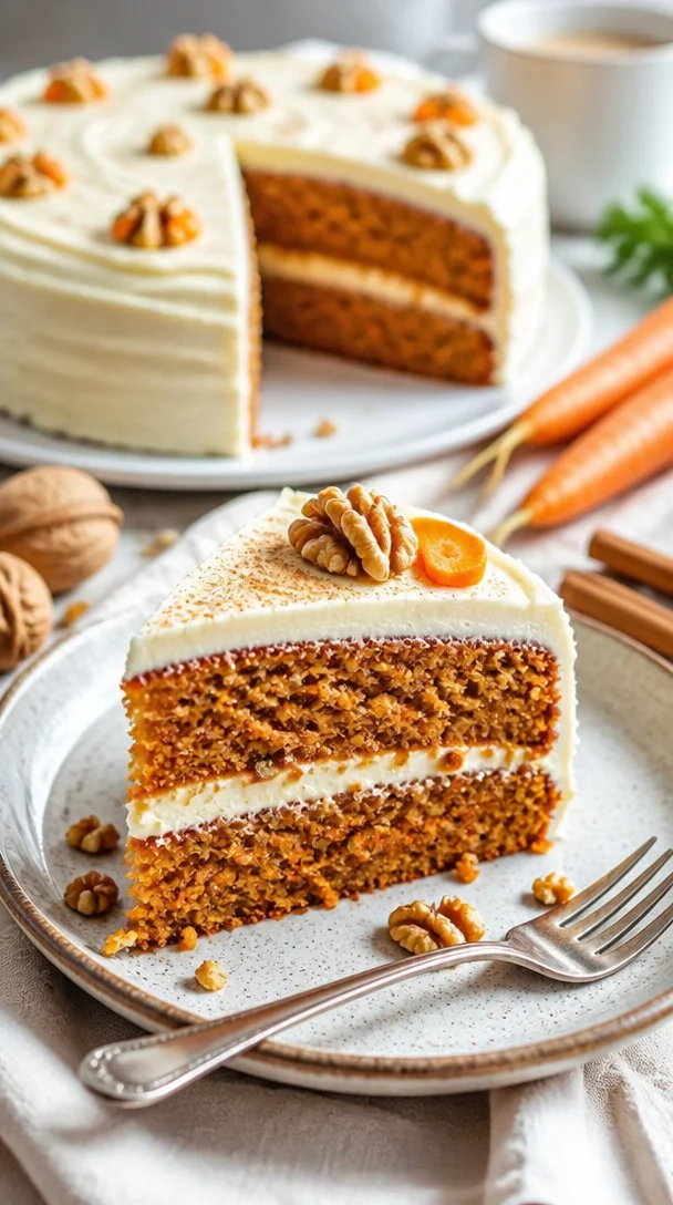 Karottenkuchen mit Frischkäsefrosting, leicht und lecker, auf einem Teller präsentiert.