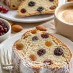 Schneebedeckter Christstollen mit getrockneten Früchten und Nüssen auf einem Tisch