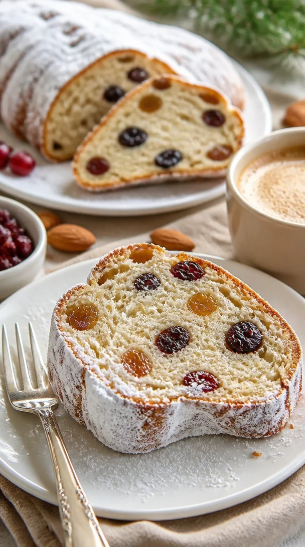 Schneebedeckter Christstollen mit getrockneten Früchten und Nüssen auf einem Tisch