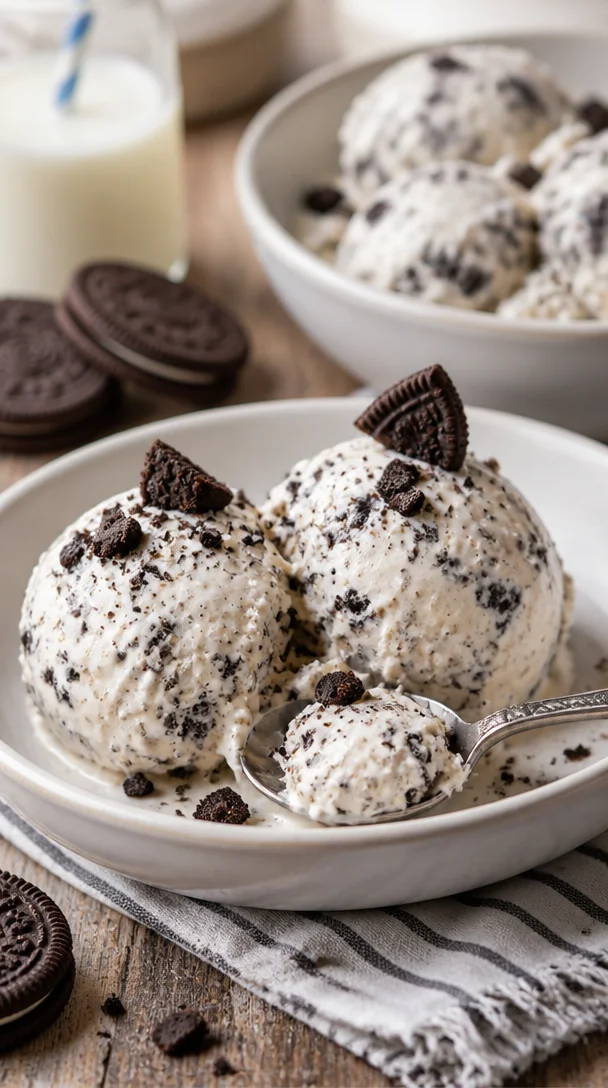 Hausgemachte Cookies und Cream Nice Cream in einer Schüssel serviert.