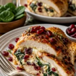 Gefüllte Cranberry-Spinat Hähnchenbrust mit Brie auf einem Teller