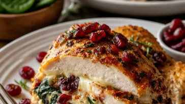 Gefüllte Cranberry-Spinat Hähnchenbrust mit Brie auf einem Teller