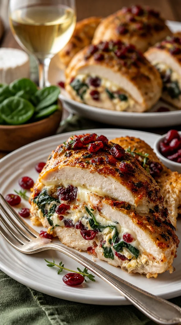 Gefüllte Cranberry-Spinat Hähnchenbrust mit Brie auf einem Teller