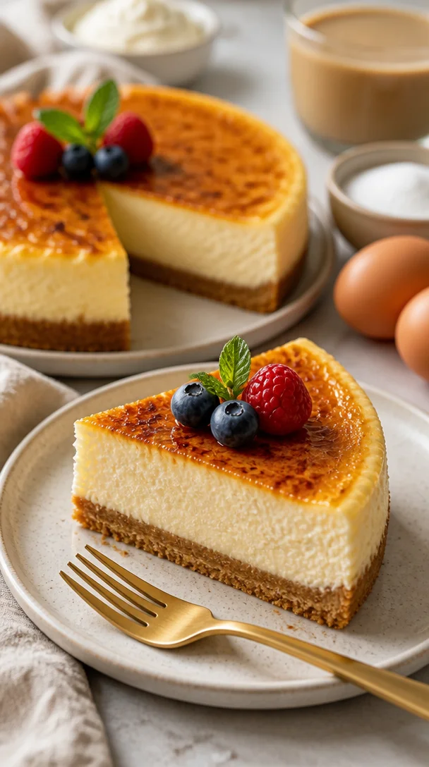 Crème Brûlée Käsekuchen mit köstlicher Karamellkruste und cremiger Füllung