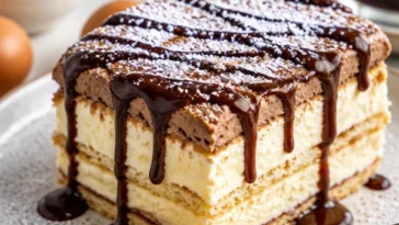 Cremiger Schokoladen-Eclair-Kuchen auf einem Teller mit Dekoration