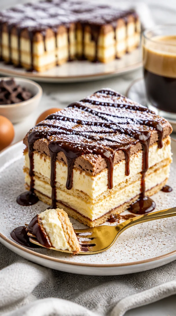 Cremiger Schokoladen-Eclair-Kuchen auf einem Teller mit Dekoration