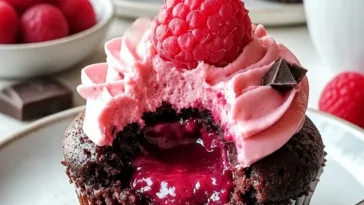 Dekadente Himbeer-Schokoladen-Lava-Cupcakes auf einem Teller