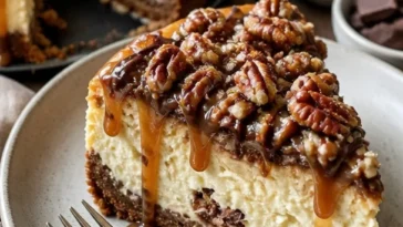 Dekadenter Turtle-Fudge-Käsekuchen mit Karamell und Schokoladensoße