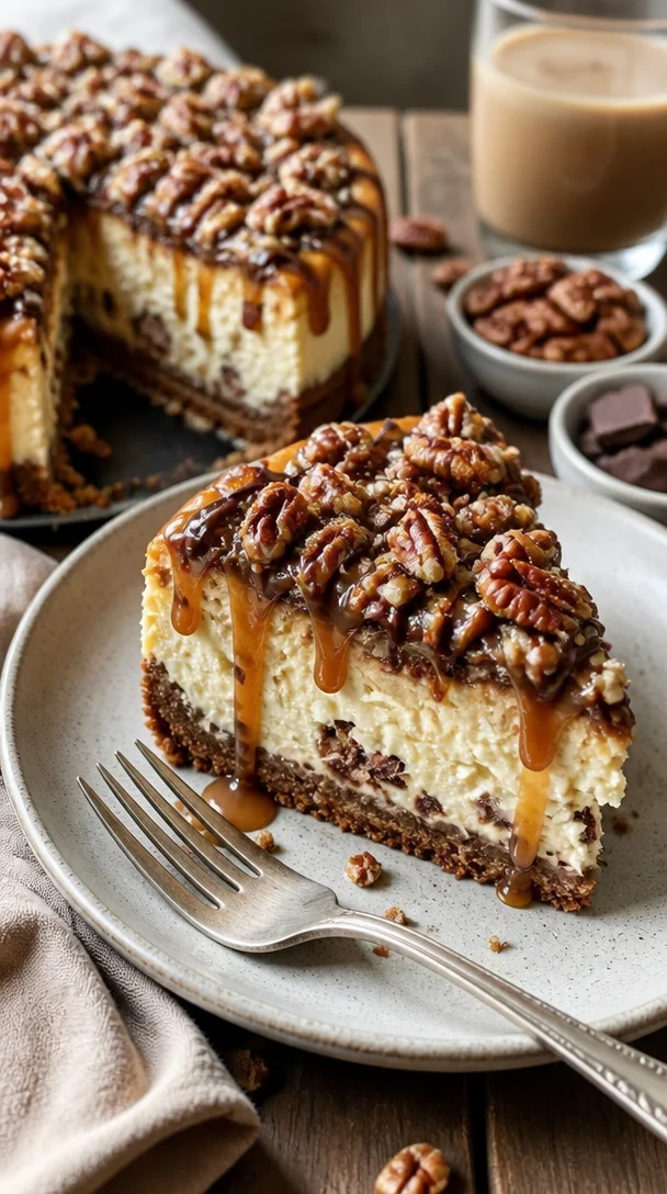 Dekadenter Turtle-Fudge-Käsekuchen mit Karamell und Schokoladensoße