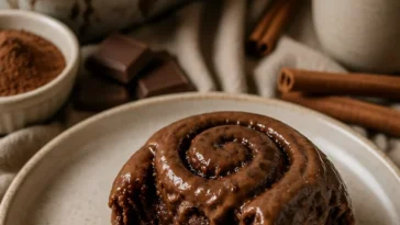 Doppelte Schokoladen-Zimt-Rollen frisch gebacken auf einem Teller