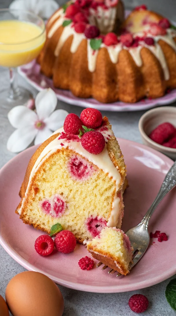 Eierlikörkuchen mit Himbeeren im Gugelhupf-Design für Ostern