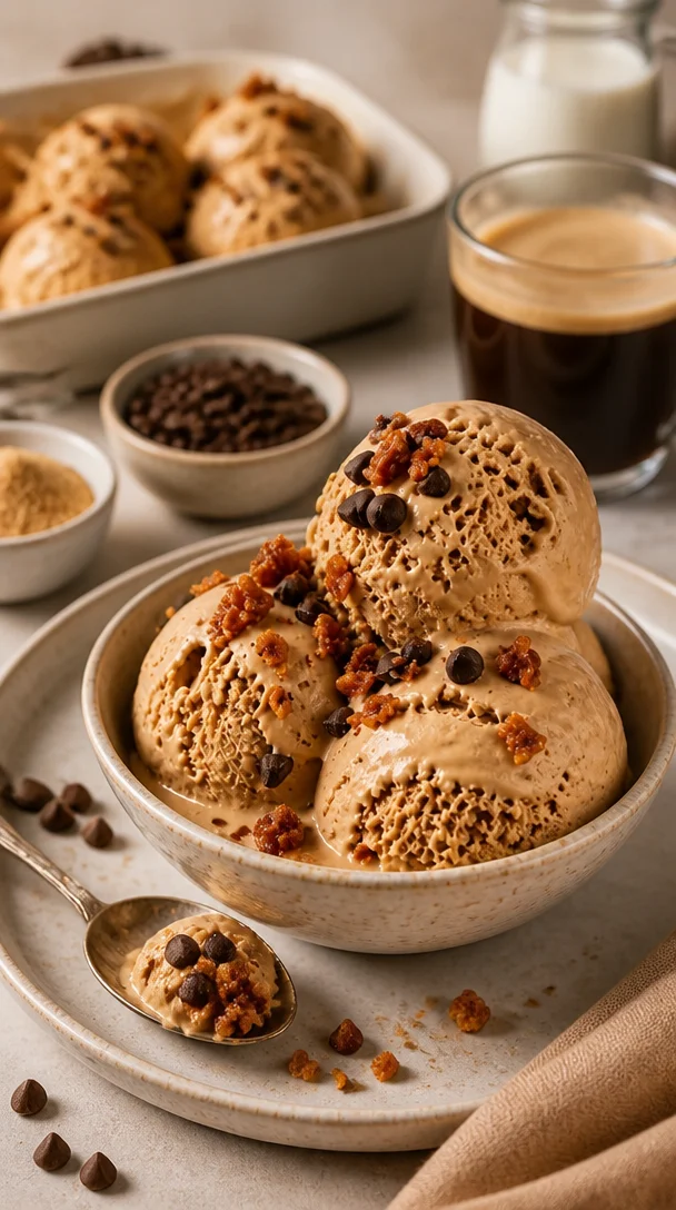 Einfache Kaffee-Crunch-Eiscreme mit Kaffeebohnen und knusprigen Stücken
