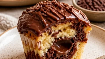 Donauwellen-Muffins mit Schokobons-Füllung auf einem rustikalen Tisch