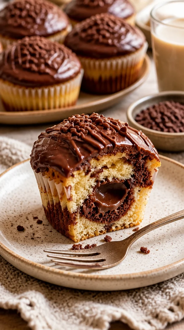 Donauwellen-Muffins mit Schokobons-Füllung auf einem rustikalen Tisch
