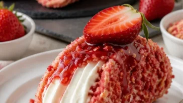 Erdbeer-Crunch-Cheesecake-Tacos mit frischen Erdbeeren und knusprigem Biskuit.