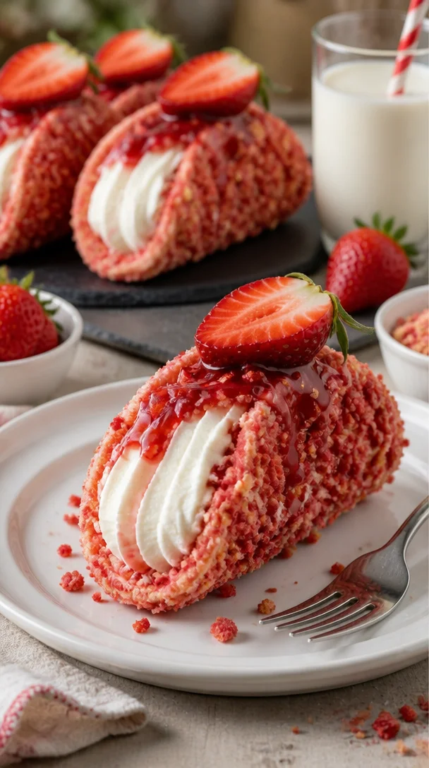 Erdbeer-Crunch-Cheesecake-Tacos mit frischen Erdbeeren und knusprigem Biskuit.