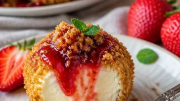 Erdbeer-Crunch-Käsekuchen Bisse mit frischen Erdbeeren und knusprigem Topping
