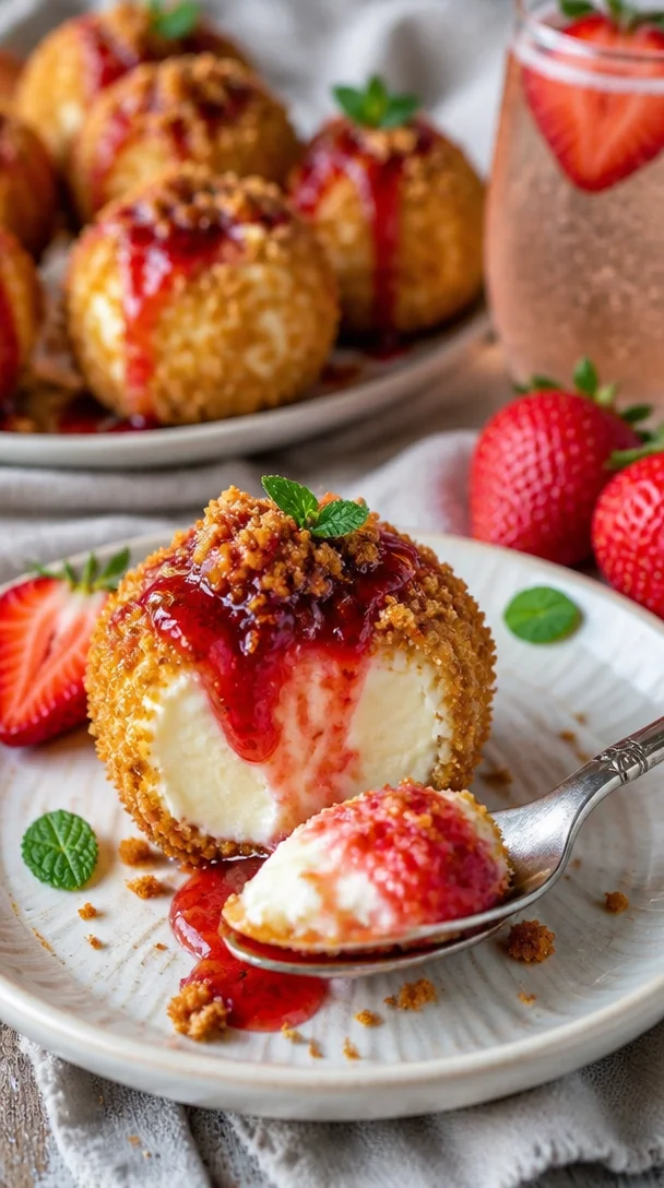 Erdbeer-Crunch-Käsekuchen Bisse mit frischen Erdbeeren und knusprigem Topping