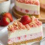 Erdbeer Crunch Käsekuchen ohne Backen, ein leckeres Dessert mit Erdbeeren und knusprigem Boden.