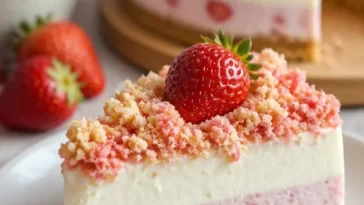 Erdbeer Crunch Käsekuchen ohne Backen, ein leckeres Dessert mit Erdbeeren und knusprigem Boden.