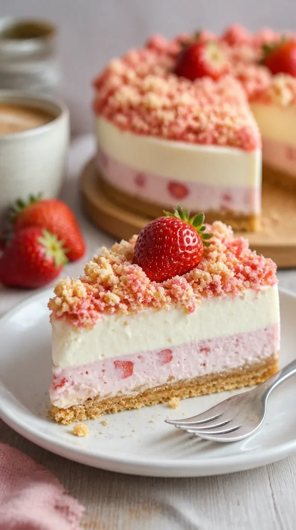 Erdbeer Crunch Käsekuchen ohne Backen, ein leckeres Dessert mit Erdbeeren und knusprigem Boden.