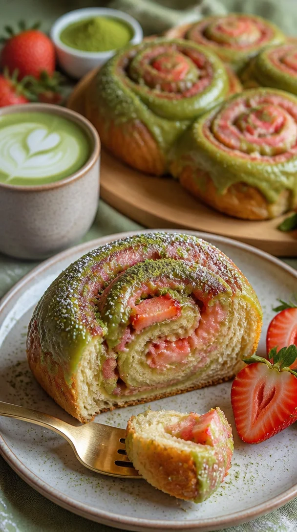 Erdbeer-Matcha-Latte-Röllchen mit softem Teig und cremiger Füllung