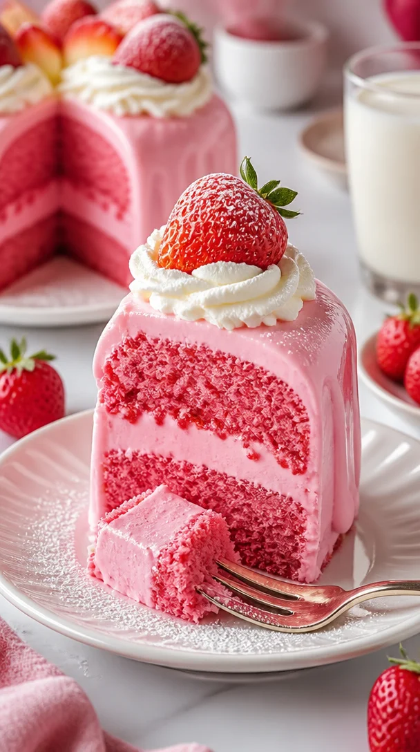 Delikater Erdbeer-Milchshake-Kuchen mit frischen Erdbeeren