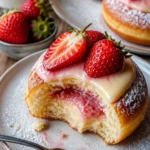 Erdbeer Pudding Donuts frisch gebacken mit einer leckeren Erdbeerfüllung