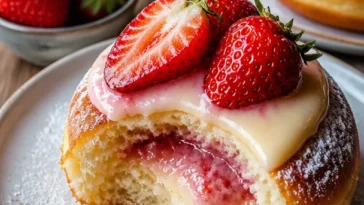 Erdbeer Pudding Donuts frisch gebacken mit einer leckeren Erdbeerfüllung